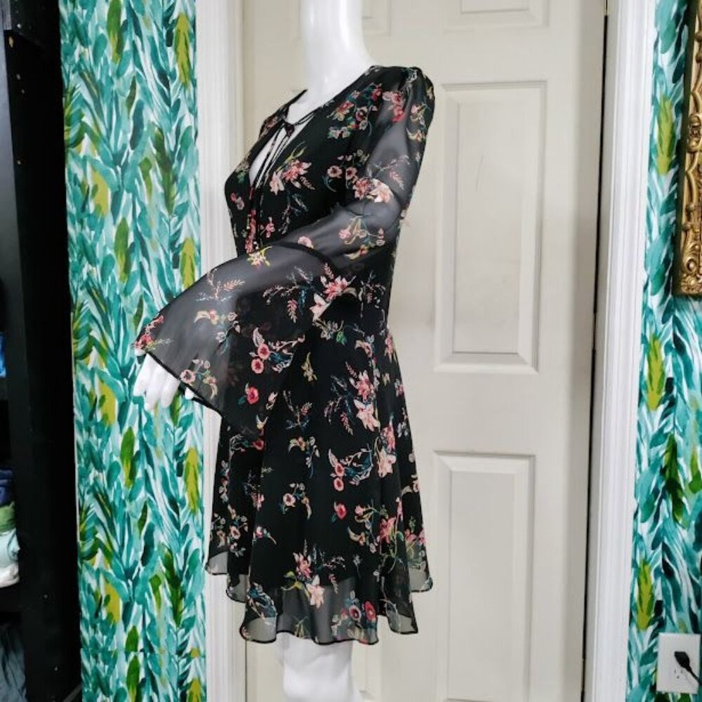 Sam Edelman Y2K Whimsy Coquette Prairie Chiffon Floral ALine Dress Black Size 2 - Picture 4 of 12